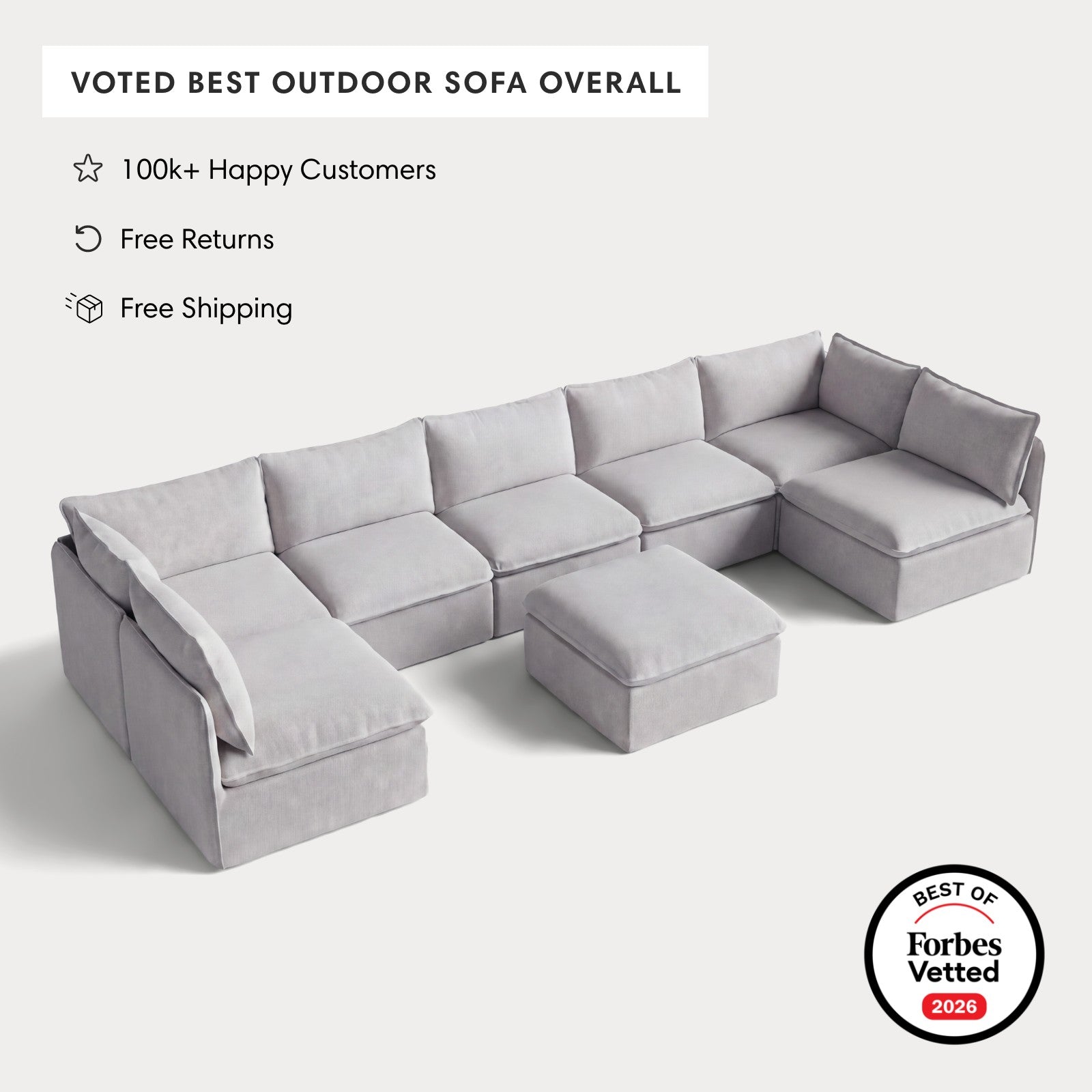 Modular Outdoor Washable 7-Seater Open-Ends U-Sectional + Ottoman | Nano Slubweave in Mist