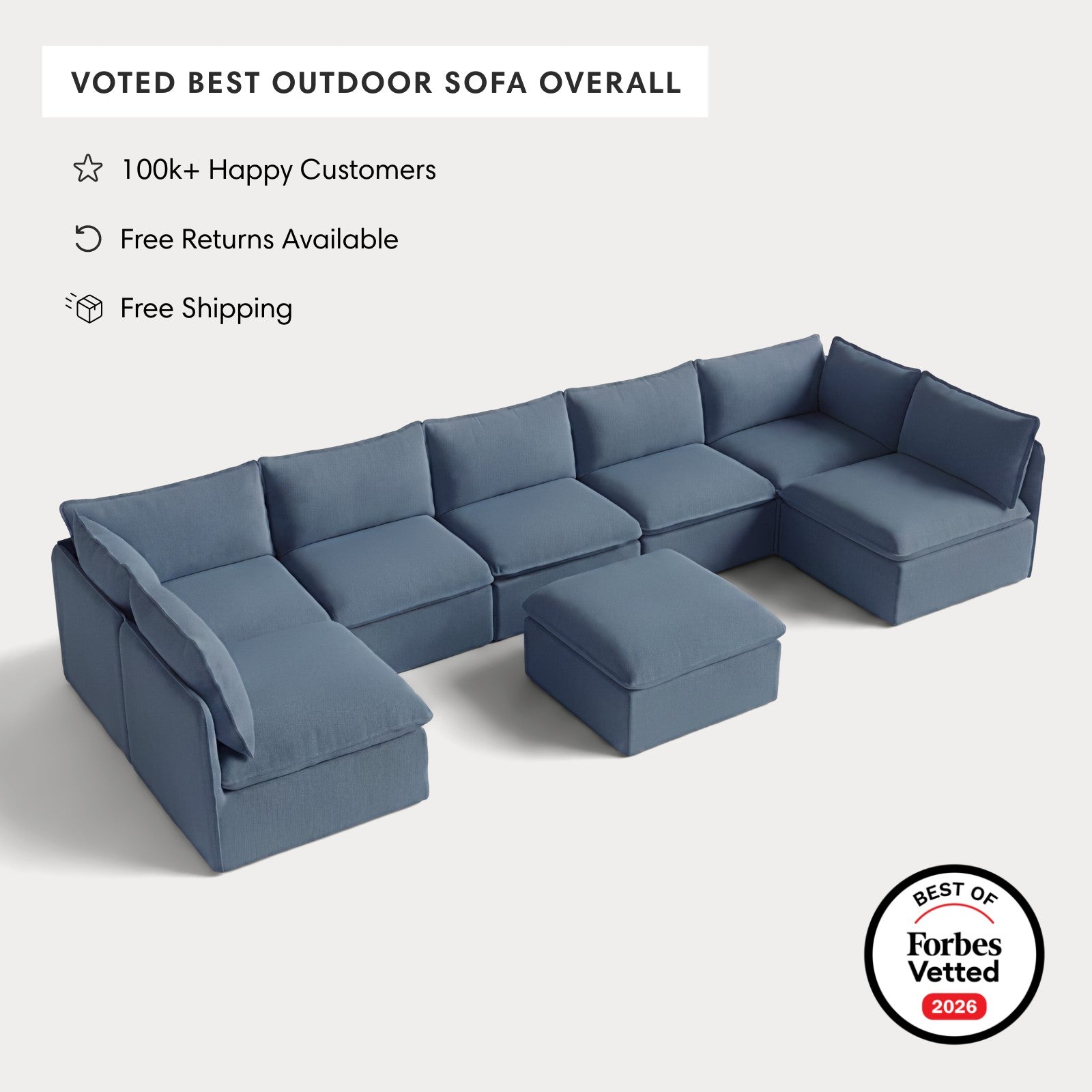 Modular Outdoor Washable 7-Seater Open-Ends U-Sectional + Ottoman | Classic Canvas in Ocean