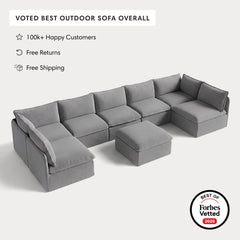 Modular Outdoor Washable 7-Seater Open-Ends U-Sectional + Ottoman | Classic Canvas in Stone Gray