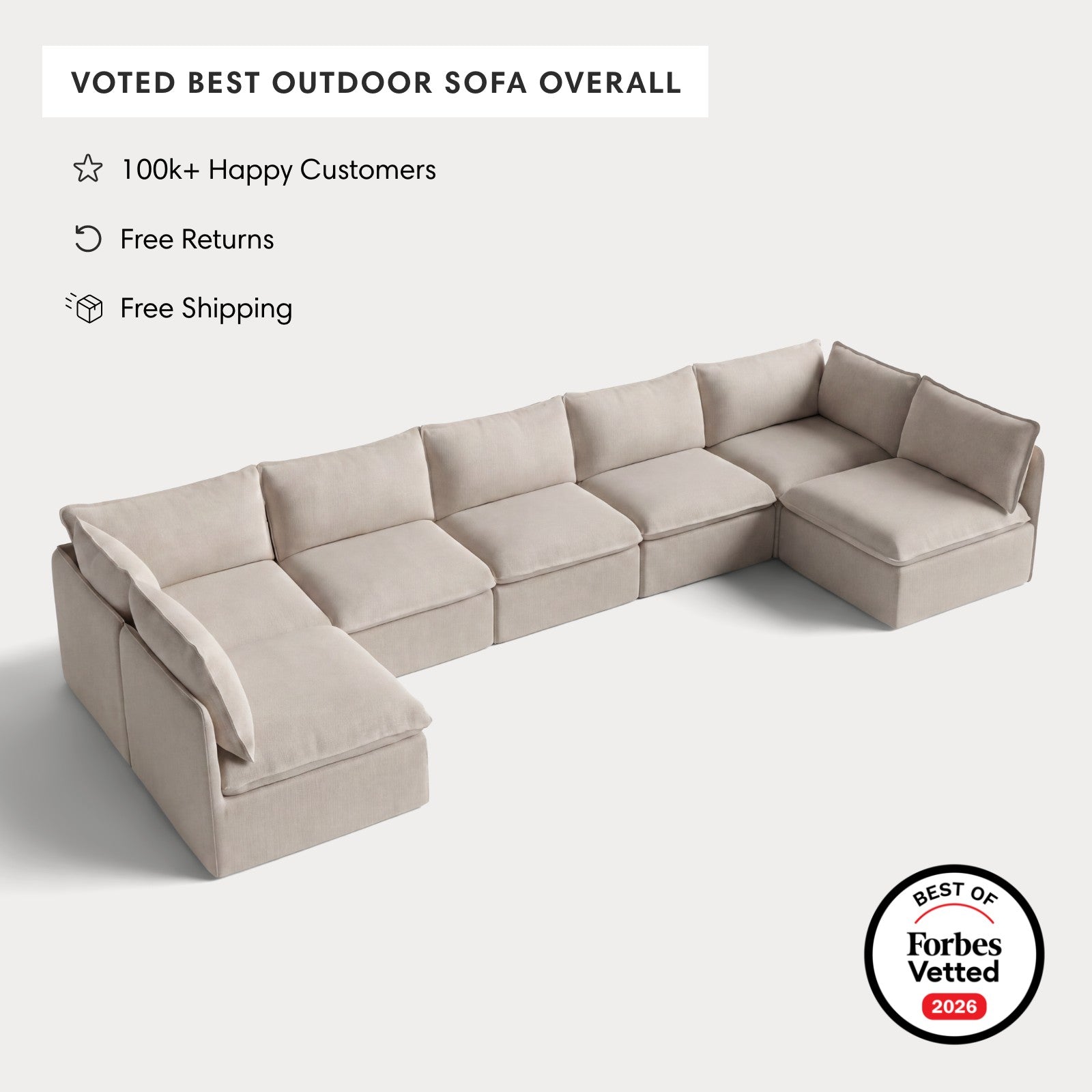 Modular Outdoor Washable 7-Seater Open-Ends U-Sectional | Classic Canvas in Sand
