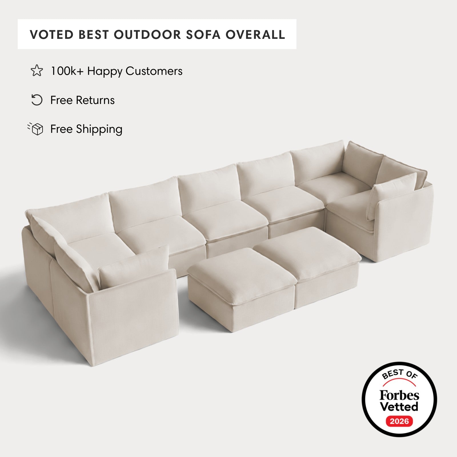 Modular Outdoor Washable 7-Seater U-Sectional + Bench Ottoman | Nano Slubweave in Chai