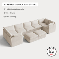 Modular Outdoor Washable 7-Seater U-Sectional + Bench Ottoman | Nano Slubweave in Chai