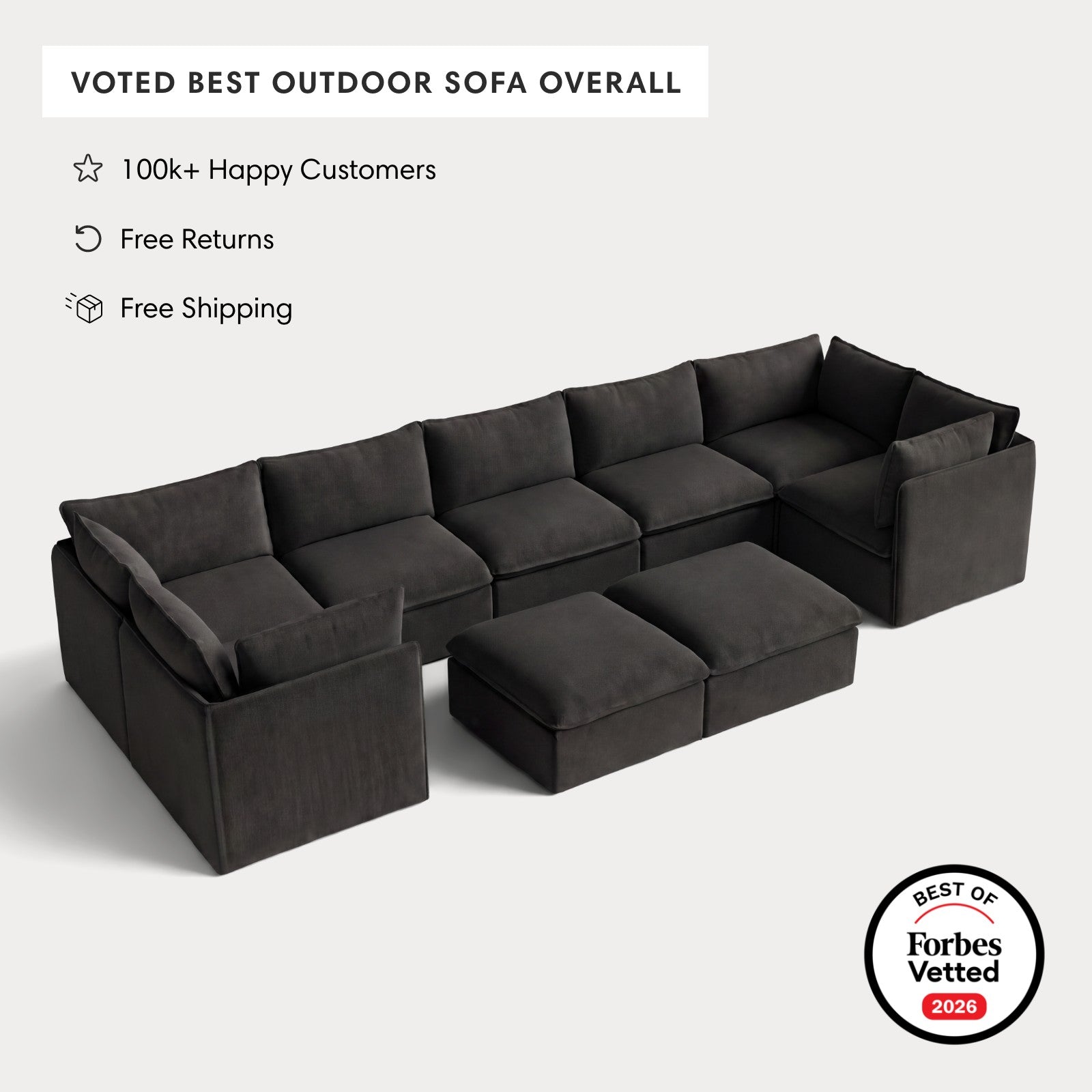 Modular Outdoor Washable 7-Seater U-Sectional + Bench Ottoman | Classic Canvas in Charcoal