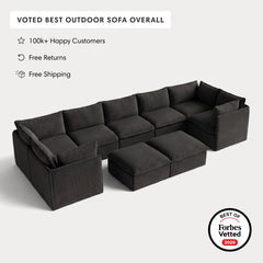 Modular Outdoor Washable 7-Seater U-Sectional + Bench Ottoman | Classic Canvas in Charcoal
