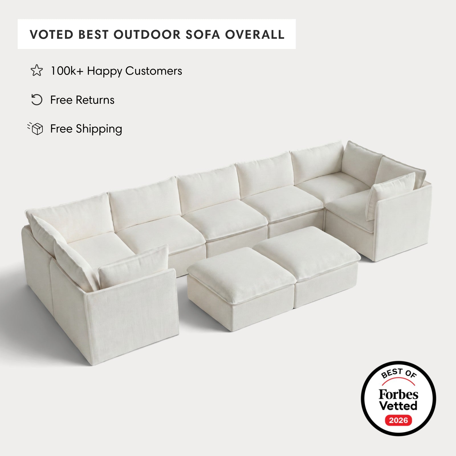 Modular Outdoor Washable 7-Seater U-Sectional + Bench Ottoman | Classic Canvas in Cloud
