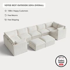 Modular Outdoor Washable 7-Seater U-Sectional + Bench Ottoman | Classic Canvas in Cloud