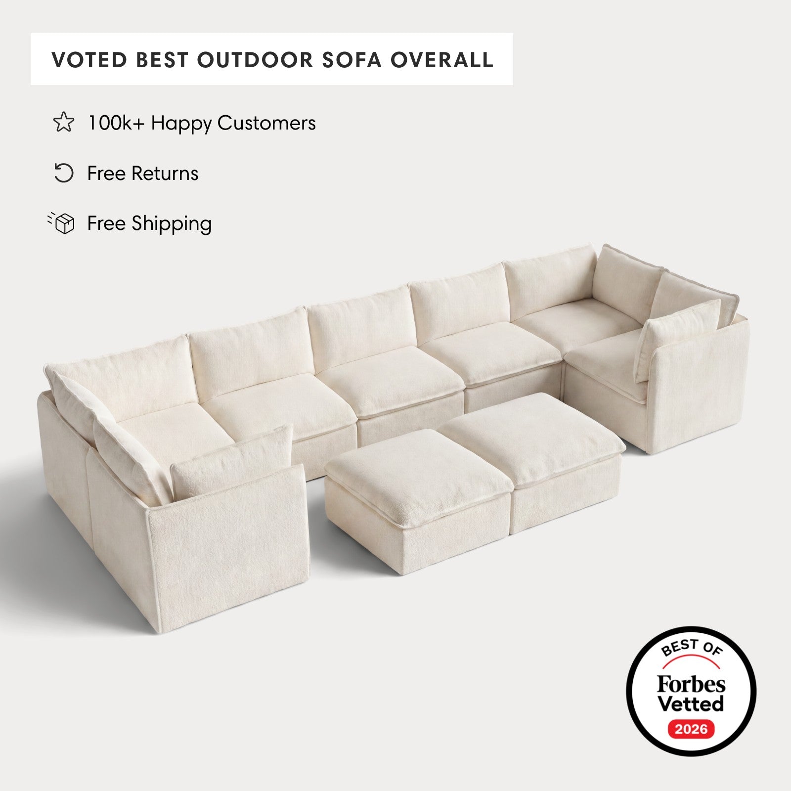 Modular Outdoor Washable 7-Seater U-Sectional + Bench Ottoman | Alfresco Boucle in Creme