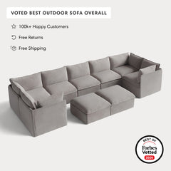 Modular Outdoor Washable 7-Seater U-Sectional + Bench Ottoman | Nano Slubweave in Haze Gray