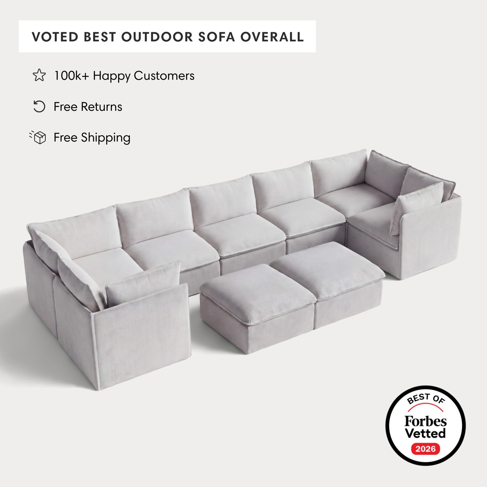 Modular Outdoor Washable 7-Seater U-Sectional + Bench Ottoman | Nano Slubweave in Mist