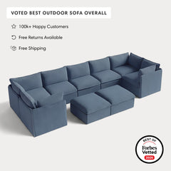 Modular Outdoor Washable 7-Seater U-Sectional + Bench Ottoman | Classic Canvas in Ocean