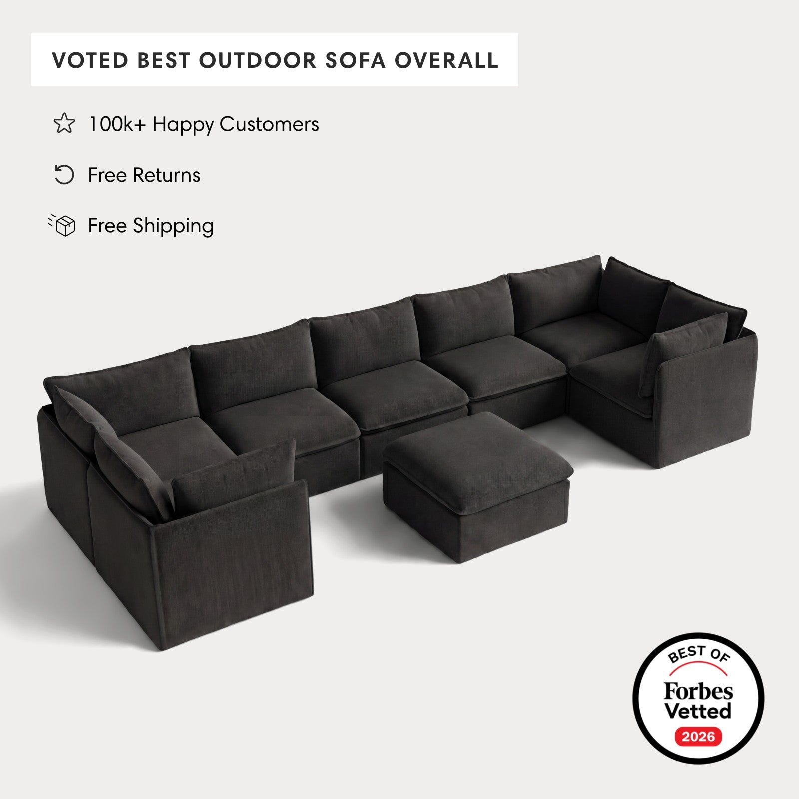 Modular Outdoor Washable 7-Seater U-Sectional + Ottoman | Classic Canvas in Charcoal