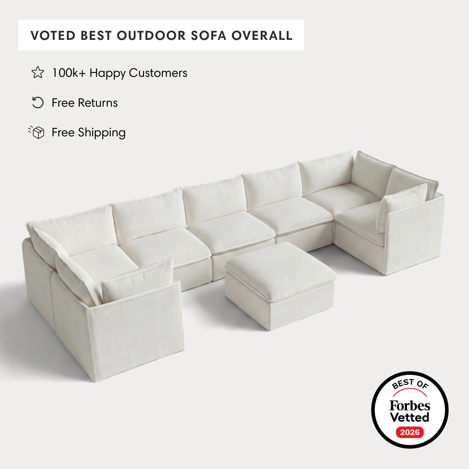 Modular Outdoor Washable 7-Seater U-Sectional + Ottoman | Classic Canvas in Cloud