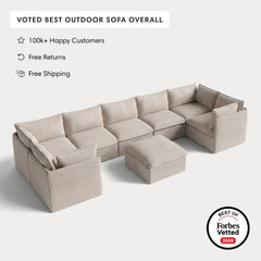 Modular Outdoor Washable 7-Seater U-Sectional + Ottoman | Classic Canvas in Sand