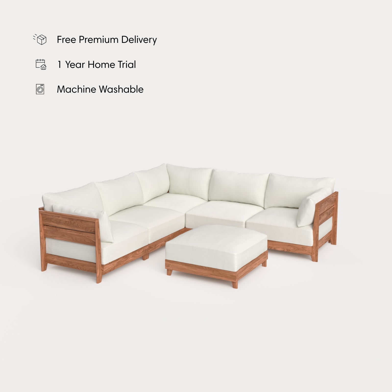 Dwell™ Modular Teak Outdoor 5-Seater L-Sectional + Ottoman | Classic Canvas in Cloud