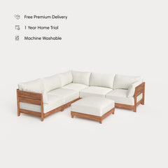 Dwell™ Modular Teak Outdoor 5-Seater L-Sectional + Ottoman | Classic Canvas in Cloud