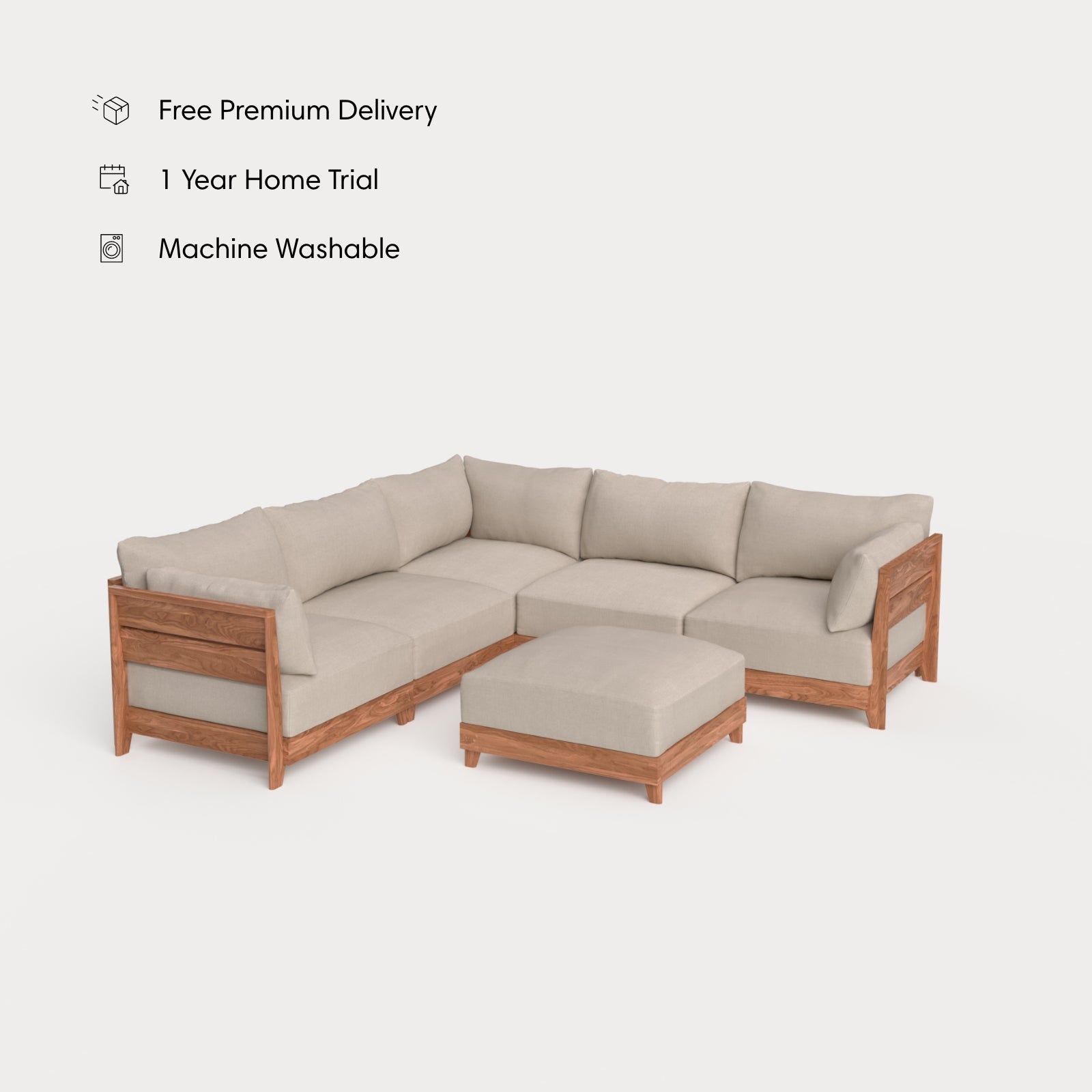 Dwell™ Modular Teak Outdoor 5-Seater L-Sectional + Ottoman | Classic Canvas in Sand