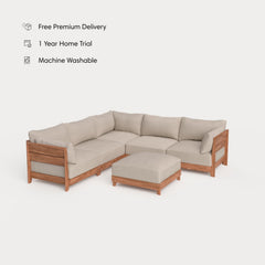 Dwell™ Modular Teak Outdoor 5-Seater L-Sectional + Ottoman | Classic Canvas in Sand