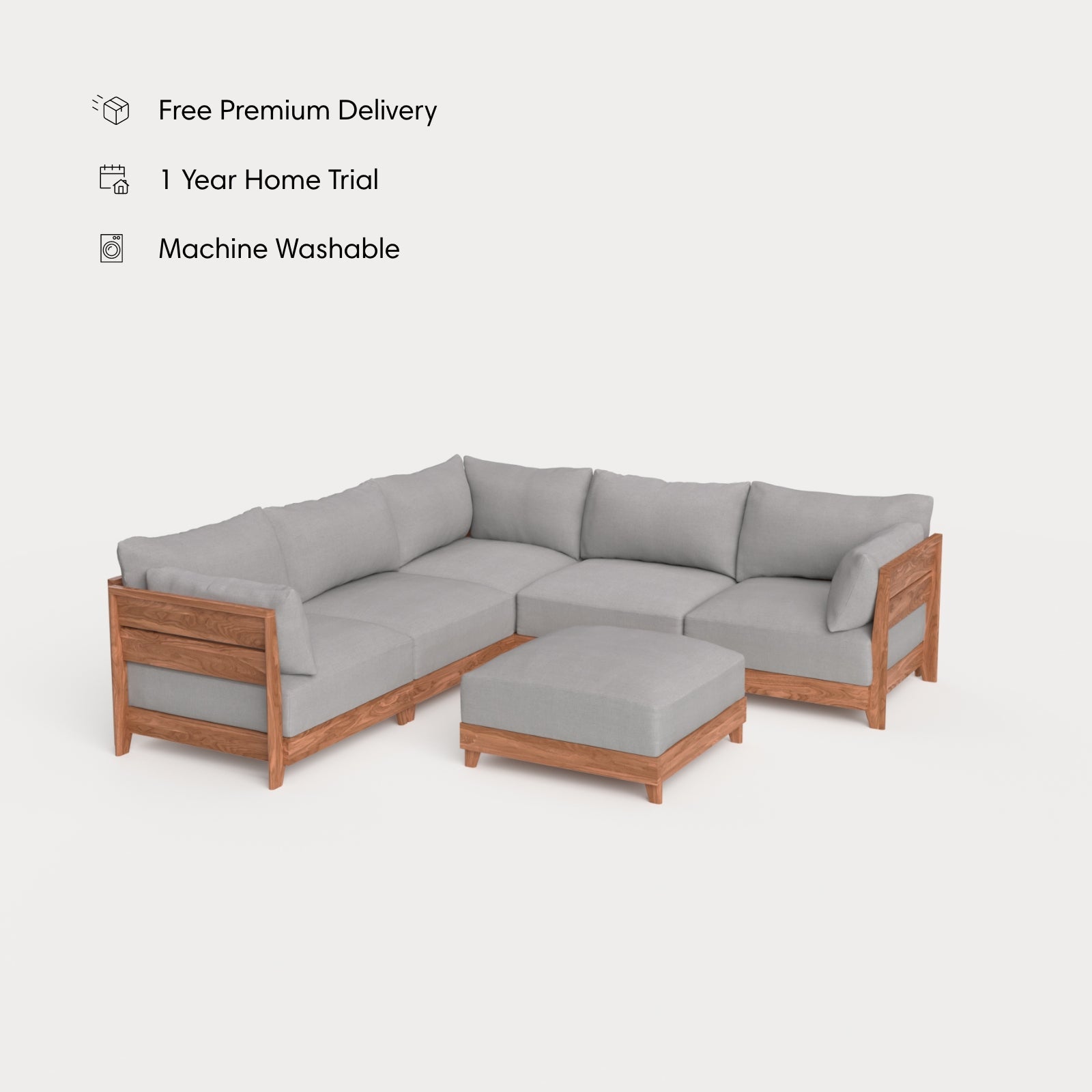 Dwell™ Modular Teak Outdoor 5-Seater L-Sectional + Ottoman | Classic Canvas in Stone Gray