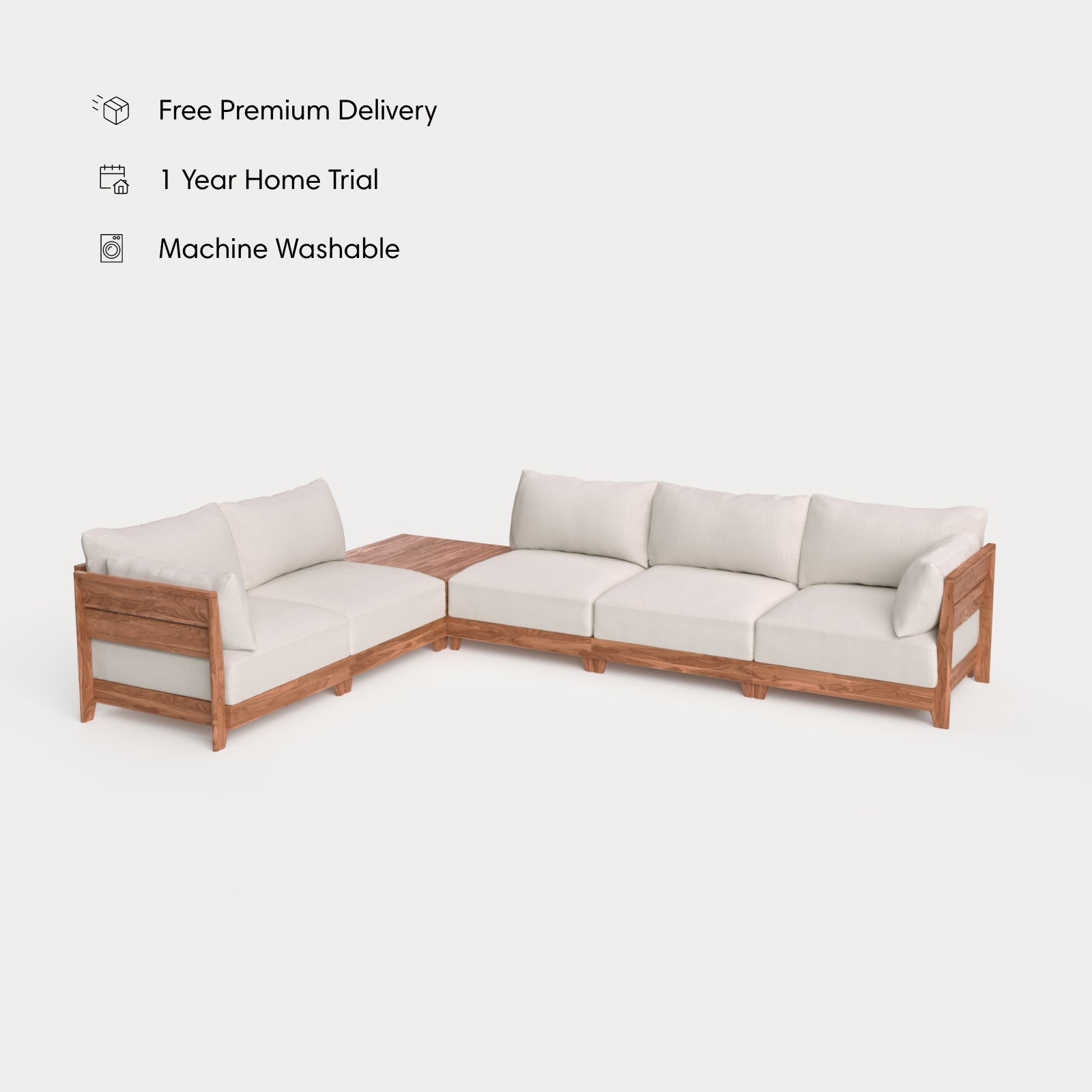 Dwell™ Modular Teak Outdoor 5-Seater L-Sectional + Storage Coffee Table  | Classic Canvas in Cloud