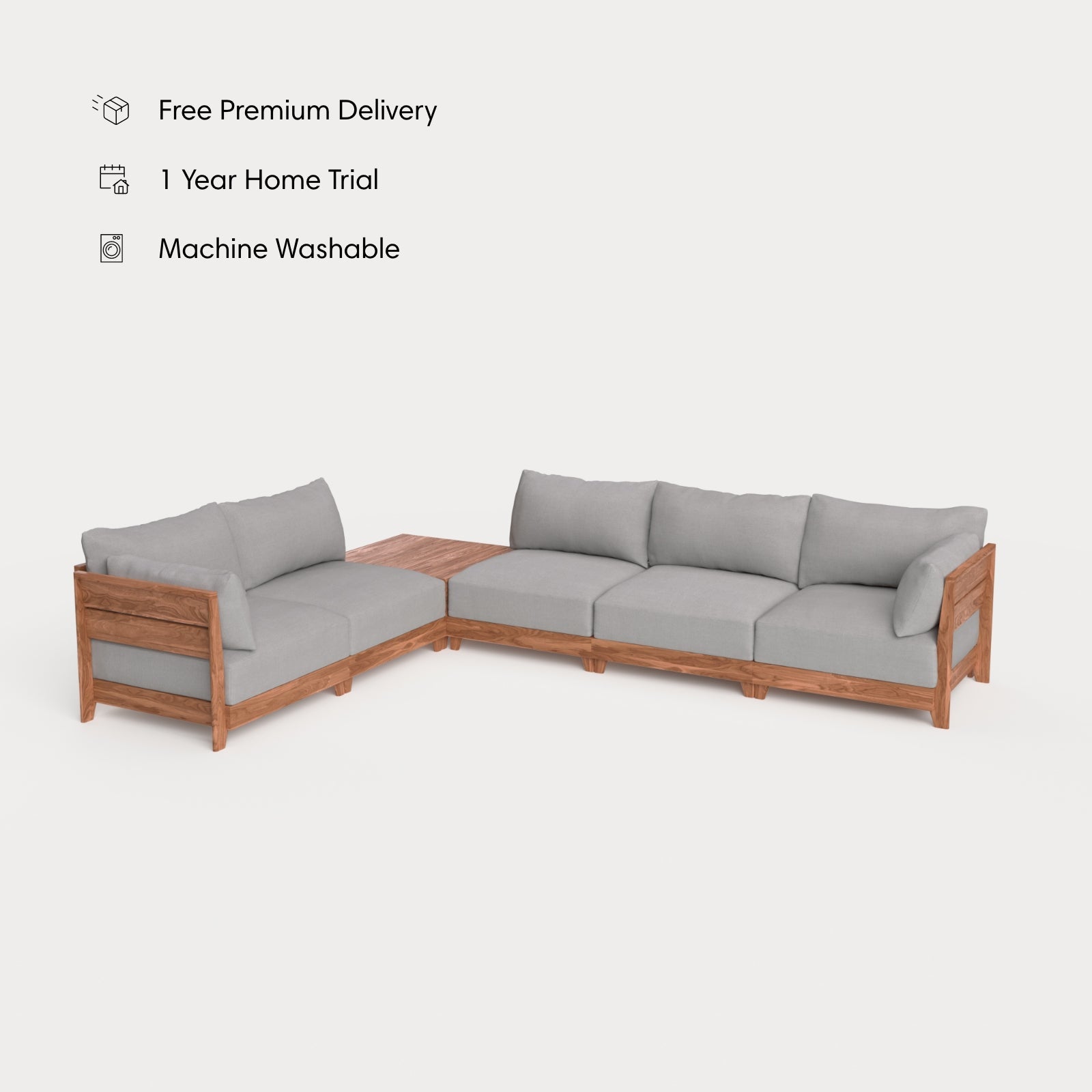 Dwell™ Modular Teak Outdoor 5-Seater L-Sectional + Storage Coffee Table  | Classic Canvas in Stone Gray