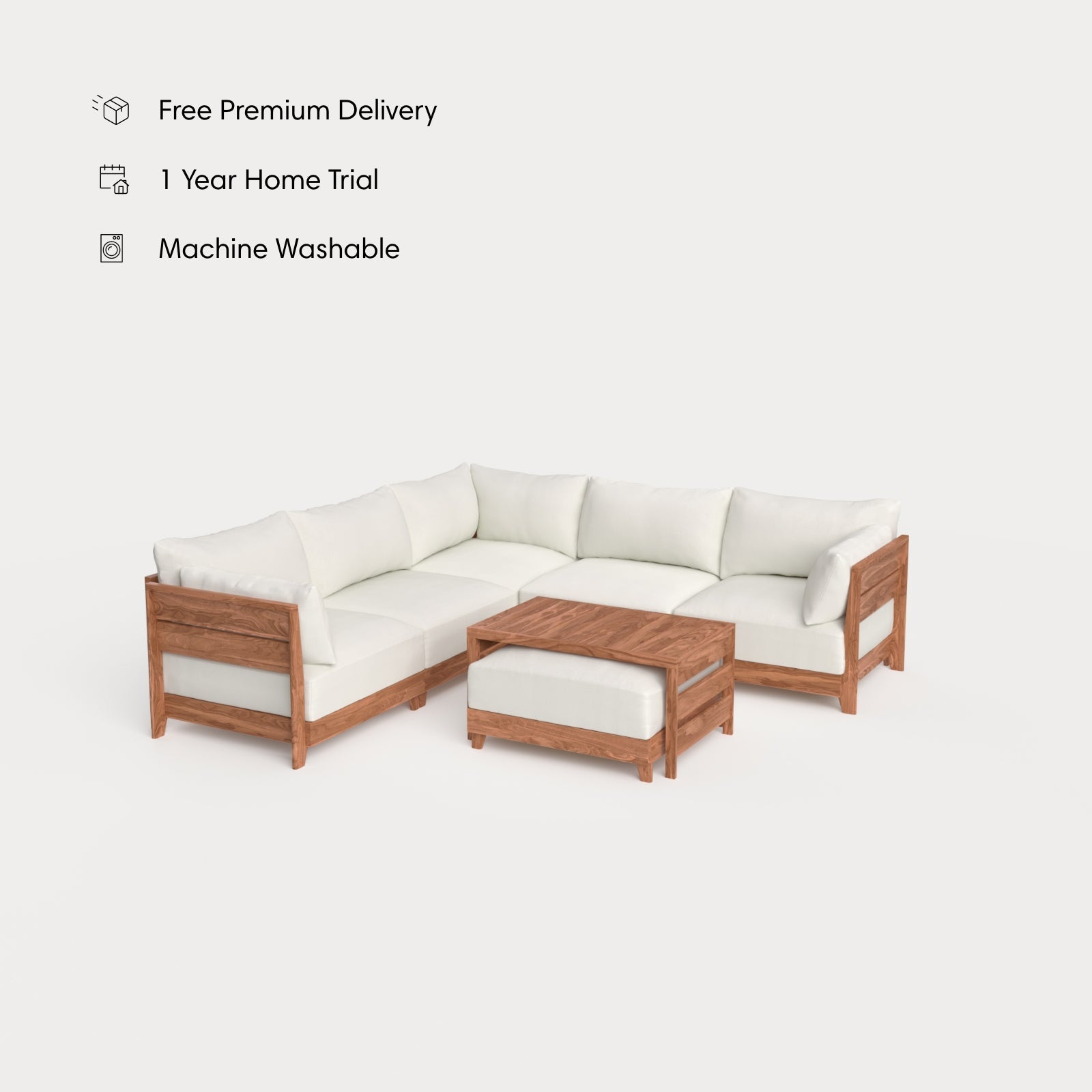 Dwell™ Modular Teak Outdoor 5-Seater L-Sectional with Ottoman + Side Table | Classic Canvas in Cloud