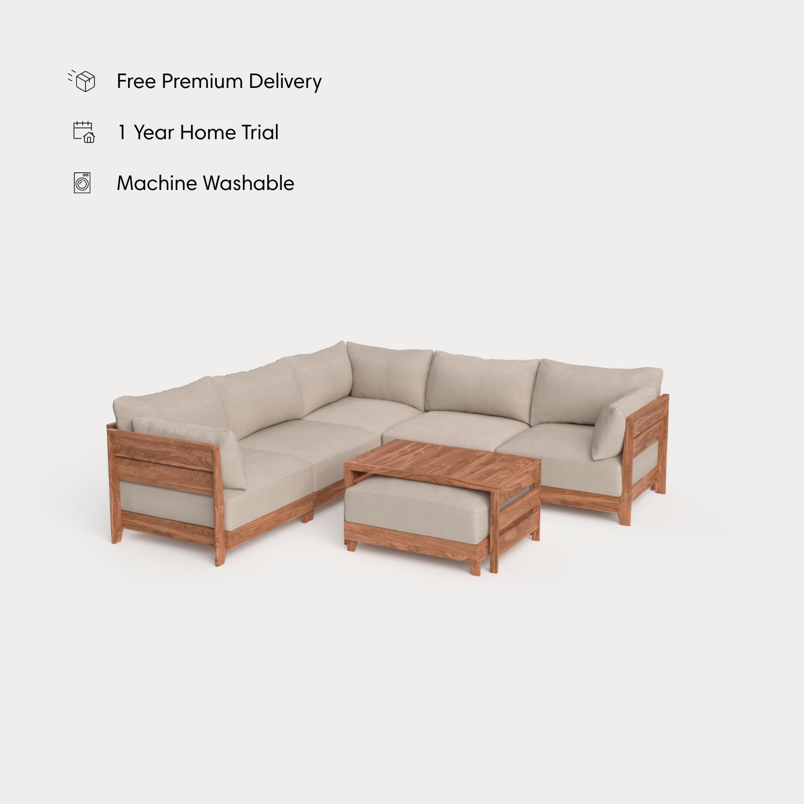 Dwell™ Modular Teak Outdoor 5-Seater L-Sectional with Ottoman + Side Table | Classic Canvas in Sand