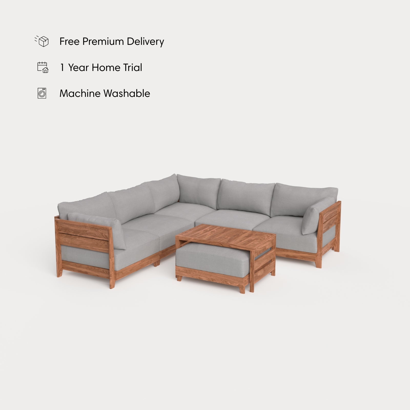 Dwell™ Modular Teak Outdoor 5-Seater L-Sectional with Ottoman + Side Table | Classic Canvas in Stone Gray