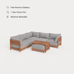 Dwell™ Modular Teak Outdoor 5-Seater L-Sectional with Ottoman + Side Table | Classic Canvas in Stone Gray