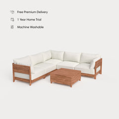Dwell™ Modular Teak Outdoor 5-Seater L-Sectional with Storage Coffee Table  | Classic Canvas in Cloud