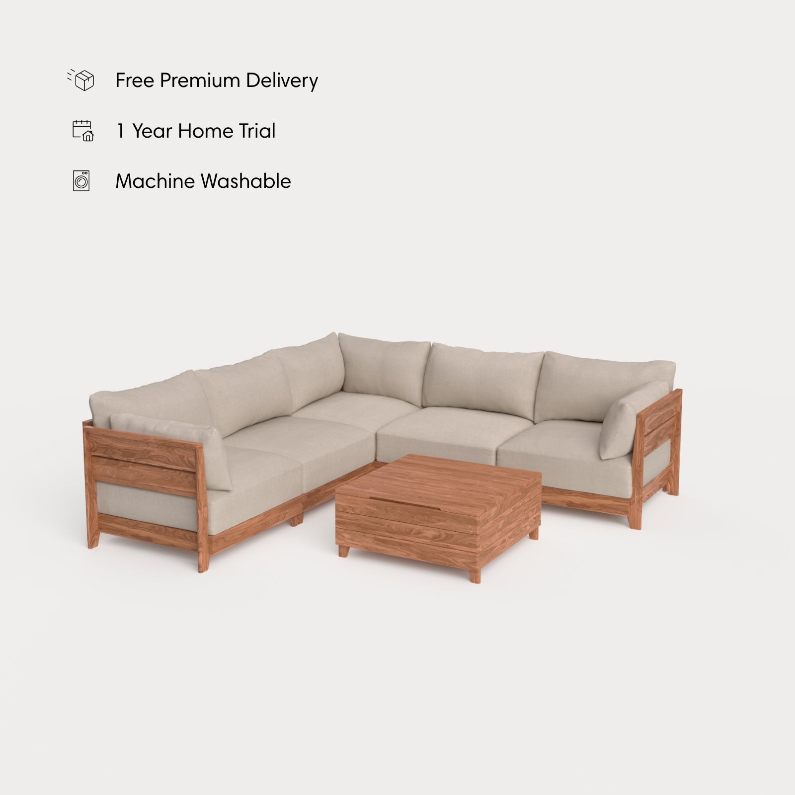 Dwell™ Modular Teak Outdoor 5-Seater L-Sectional with Storage Coffee Table  | Classic Canvas in Sand