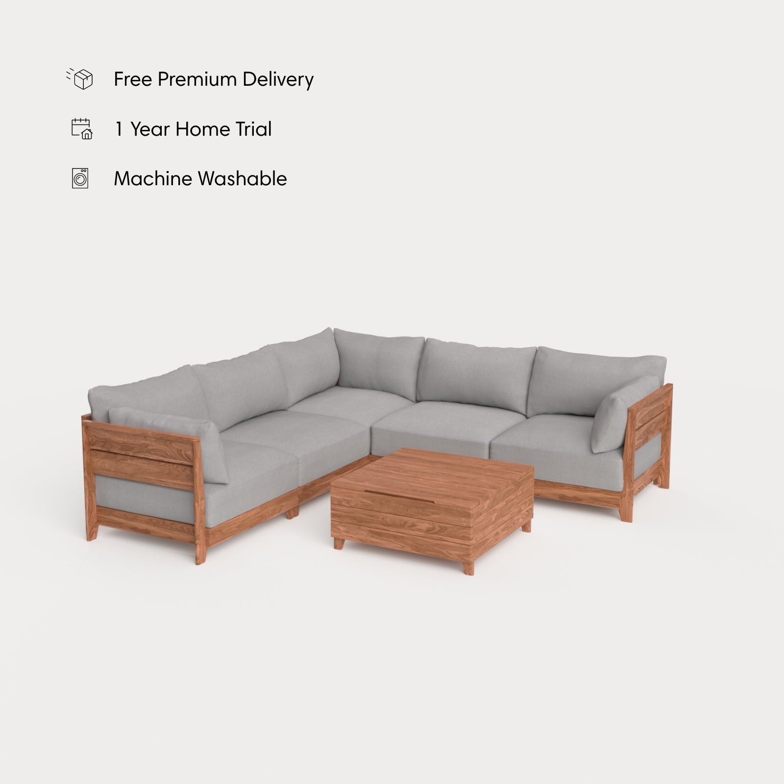 Dwell™ Modular Teak Outdoor 5-Seater L-Sectional with Storage Coffee Table  | Classic Canvas in Stone Gray