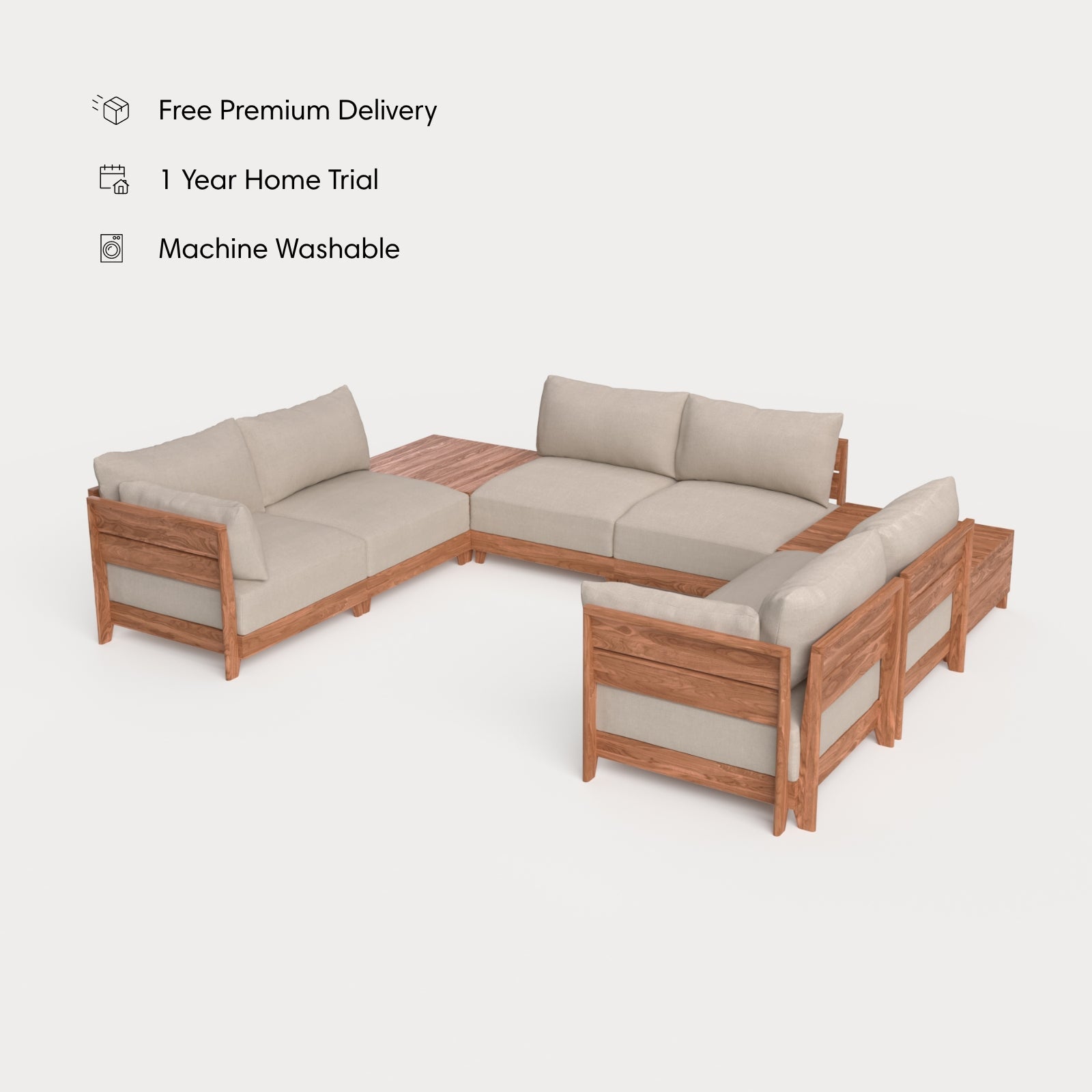 Dwell™ Modular Teak Outdoor 6-Seater U-Sectional + Storage Coffee Tables | Classic Canvas in Sand