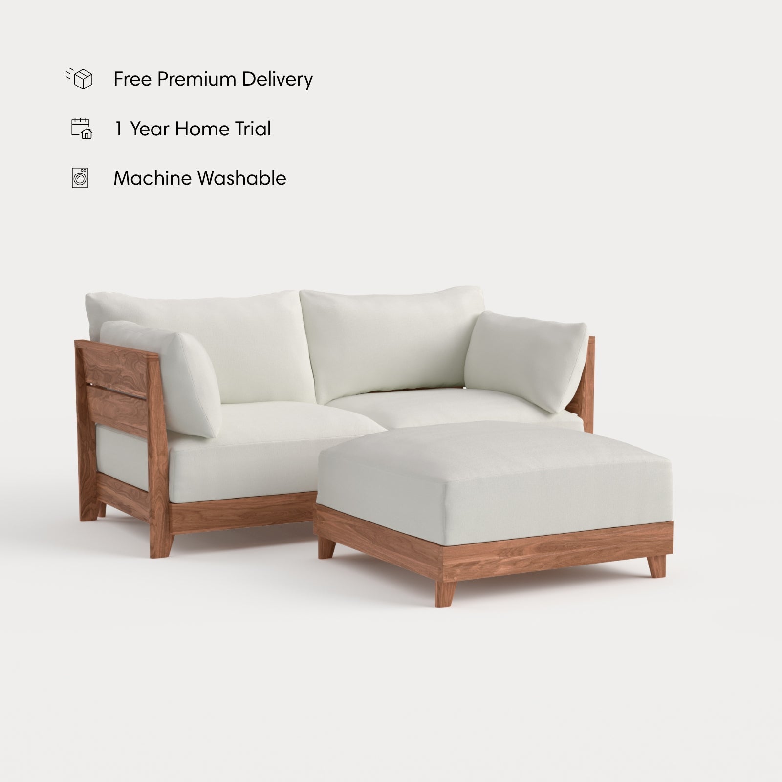 Dwell™ Modular Teak Outdoor Loveseat + Ottoman | Classic Canvas in Cloud