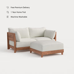 Dwell™ Modular Teak Outdoor Loveseat + Ottoman | Classic Canvas in Cloud