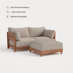 Dwell™ Modular Teak Outdoor Loveseat + Ottoman | Classic Canvas in Sand