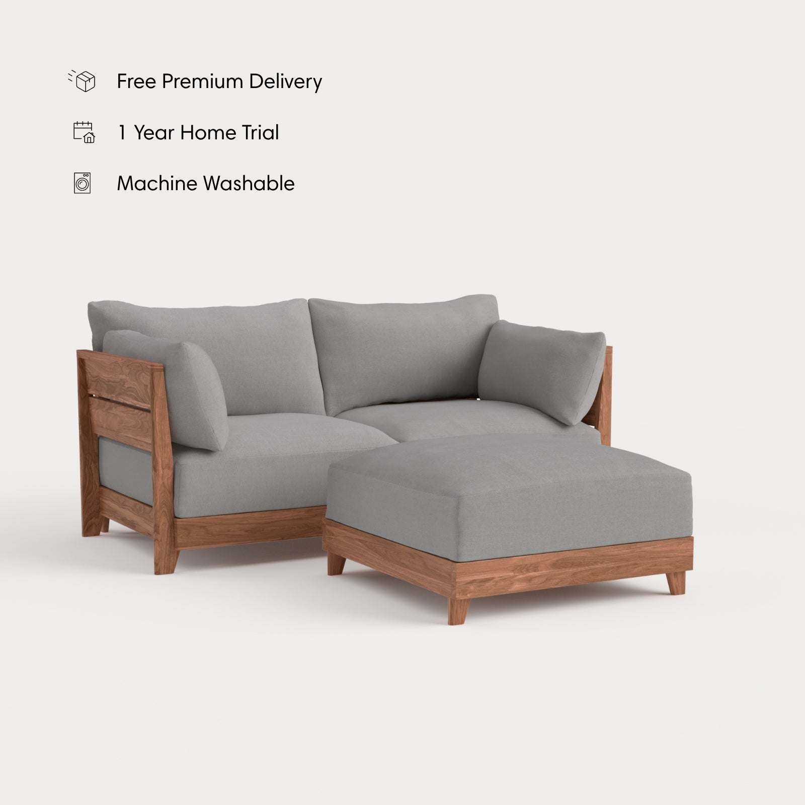 Dwell™ Modular Teak Outdoor Loveseat + Ottoman | Classic Canvas in Stone Gray