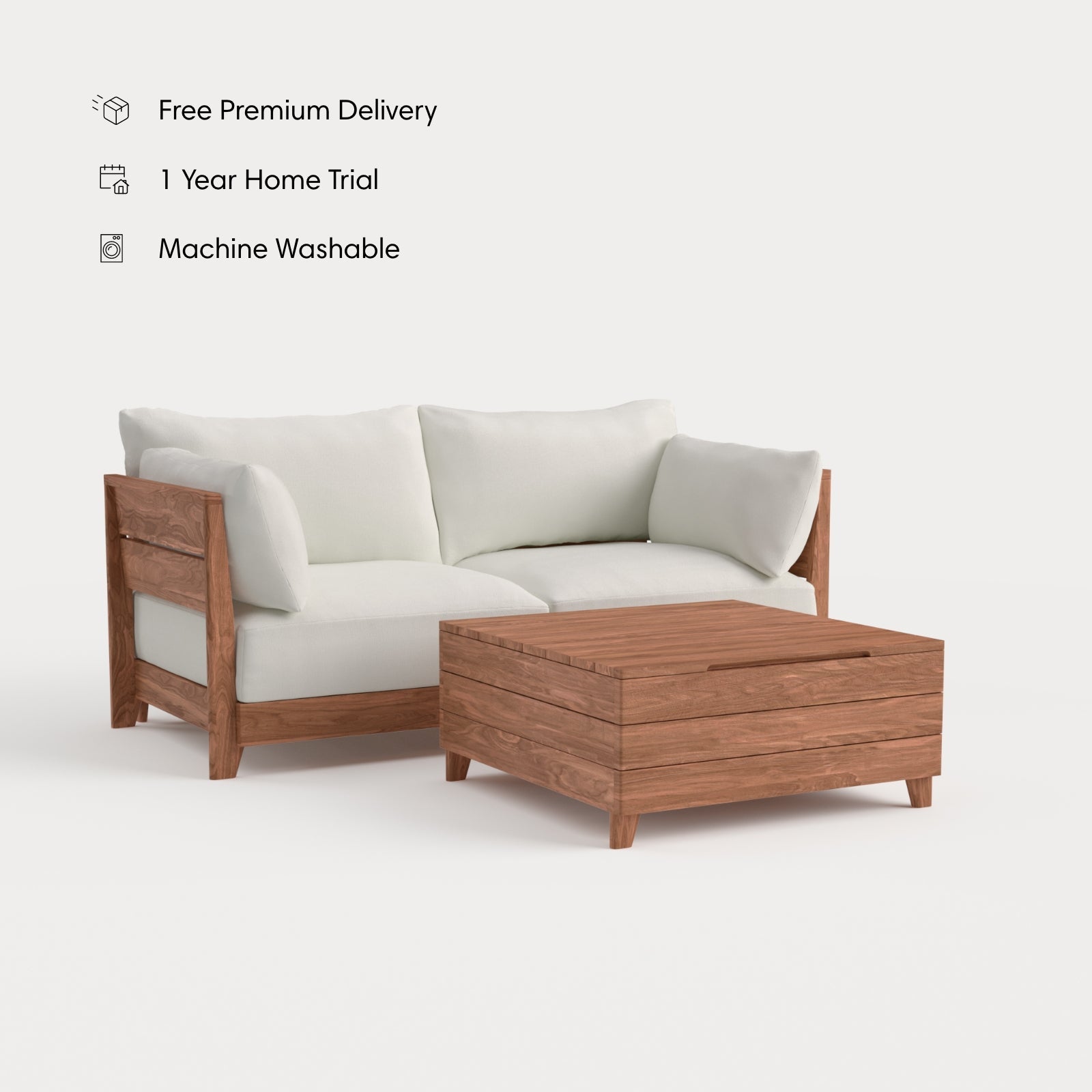Dwell™ Modular Teak Outdoor Loveseat  + Storage Coffee Table | Classic Canvas in Cloud