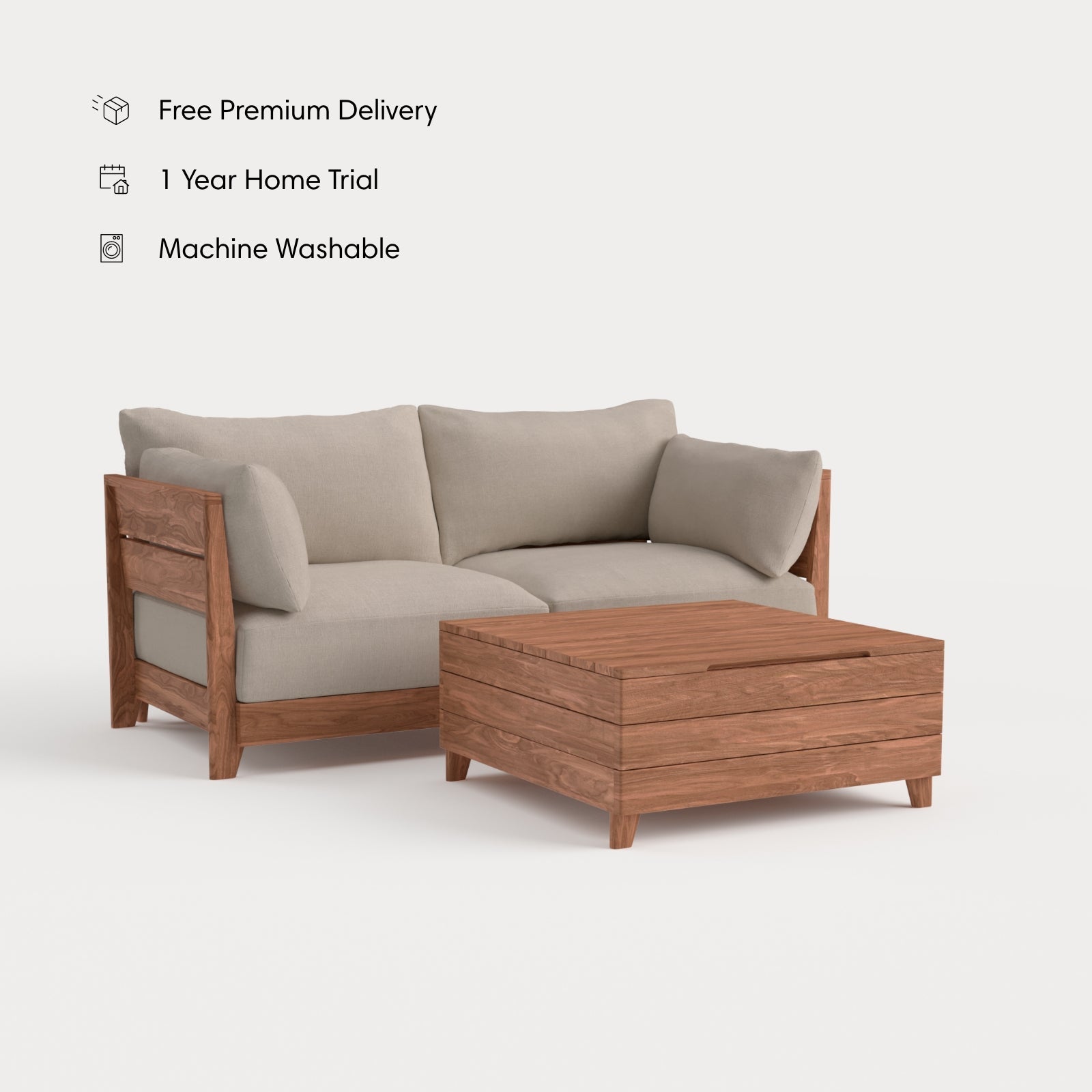 Dwell™ Modular Teak Outdoor Loveseat  + Storage Coffee Table | Classic Canvas in Sand