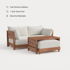 Dwell™ Modular Teak Outdoor Loveseat with Ottoman + Side Table | Classic Canvas in Cloud