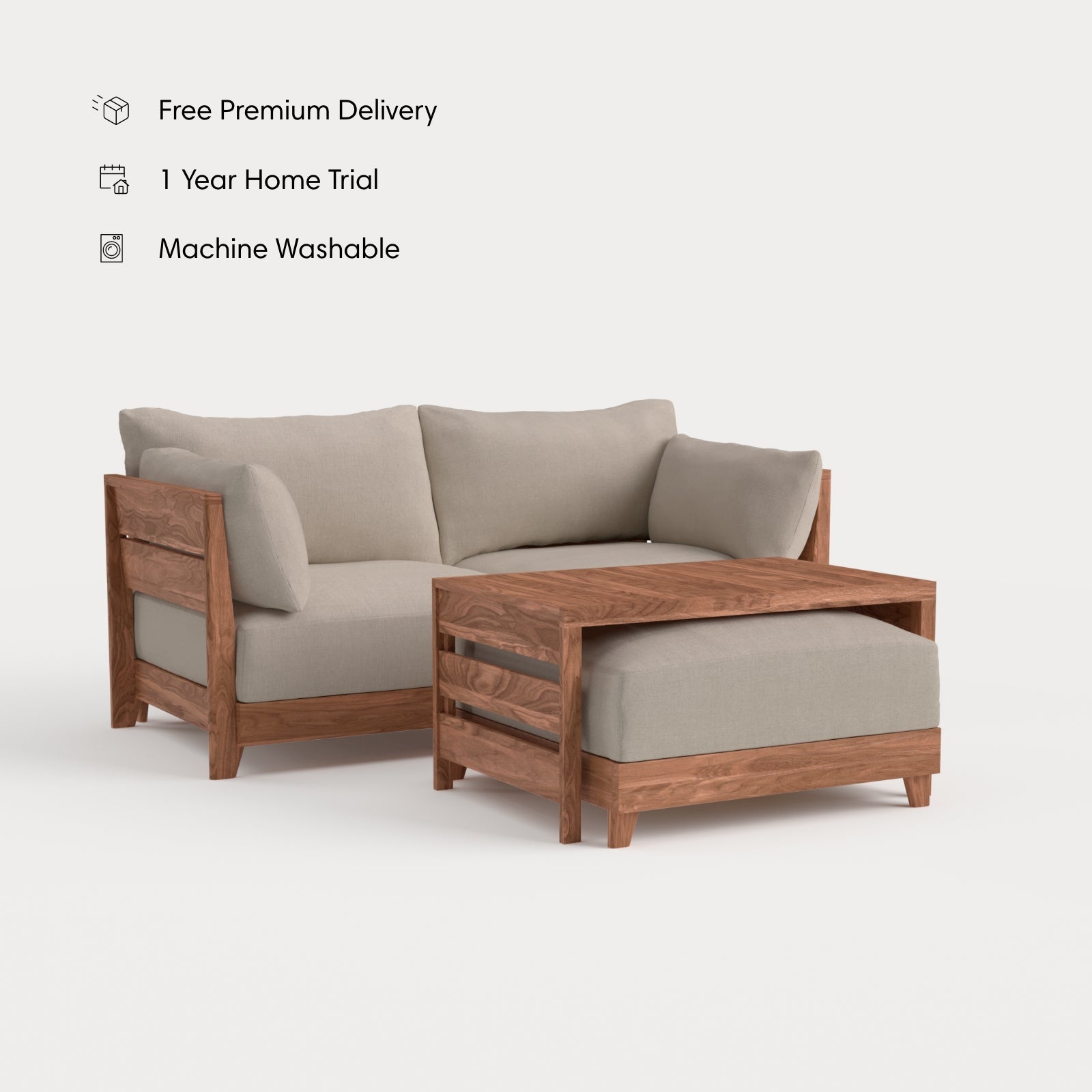 Dwell™ Modular Teak Outdoor Loveseat with Ottoman + Side Table | Classic Canvas in Sand