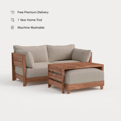 Dwell™ Modular Teak Outdoor Loveseat with Ottoman + Side Table | Classic Canvas in Sand