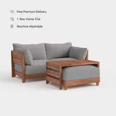 Dwell™ Modular Teak Outdoor Loveseat with Ottoman + Side Table | Classic Canvas in Stone Gray