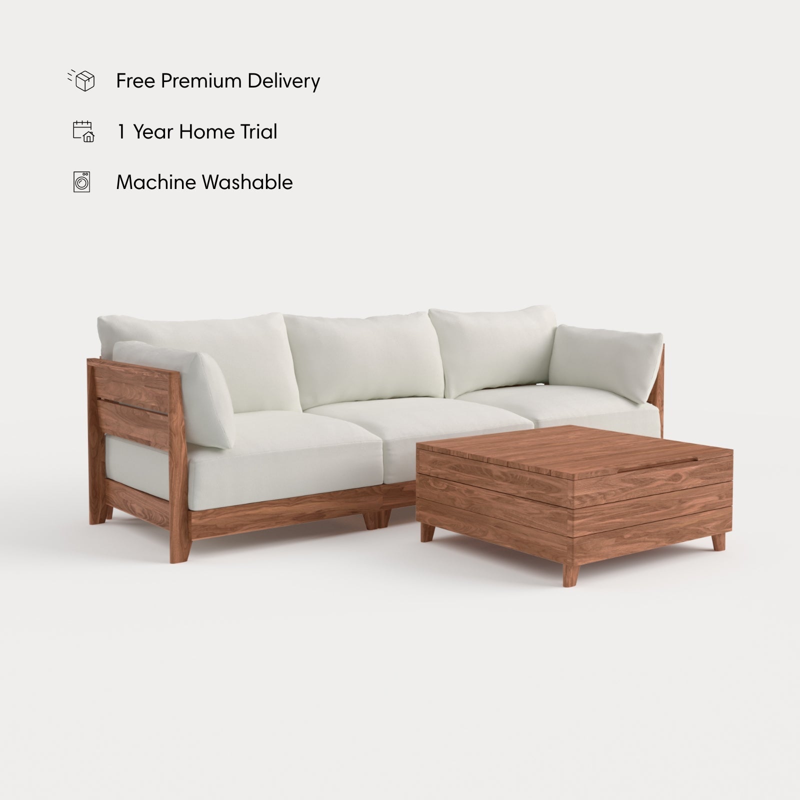 Dwell™ Modular Teak Outdoor Sofa + Storage Coffee Table | Classic Canvas in Cloud