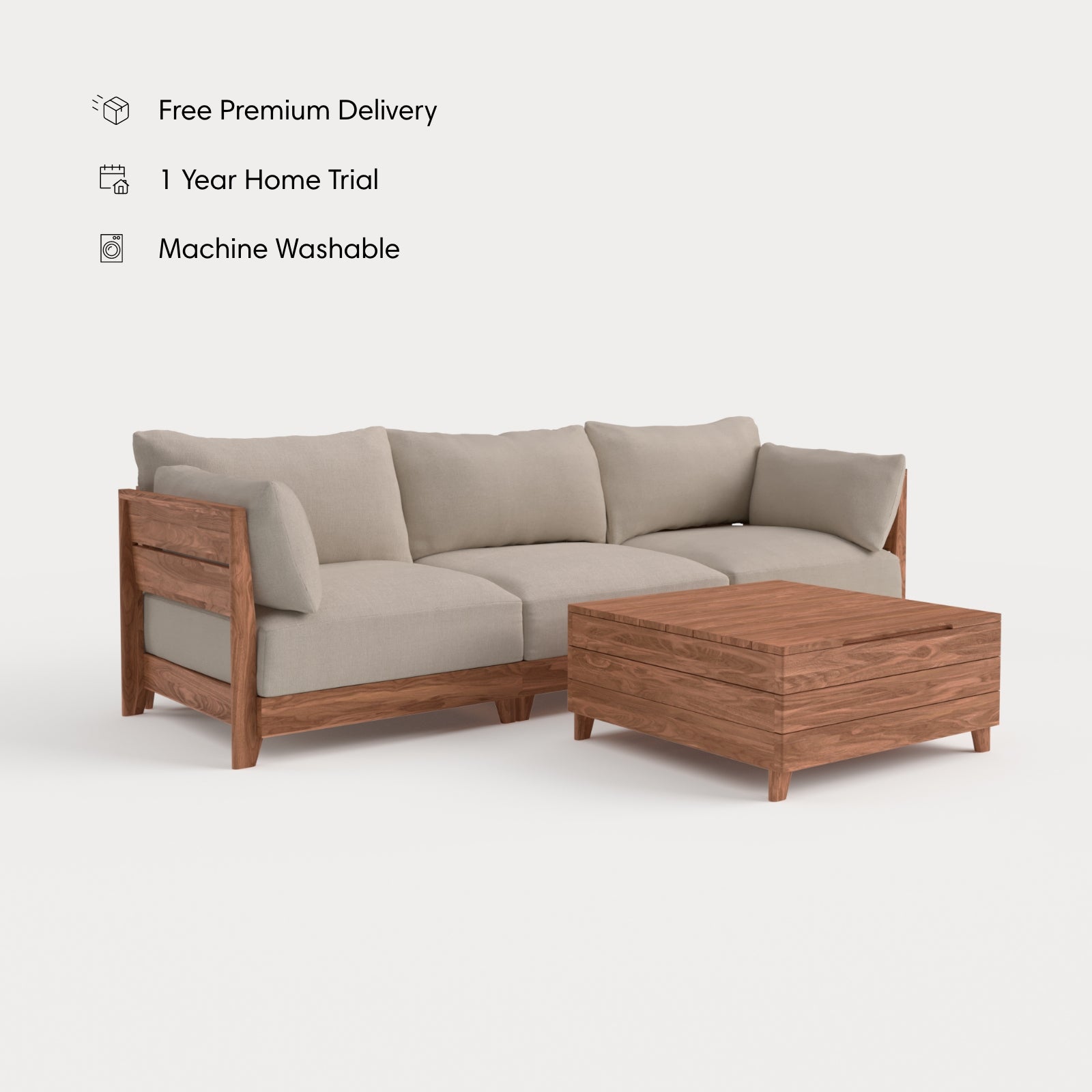 Dwell™ Modular Teak Outdoor Sofa + Storage Coffee Table | Classic Canvas in Sand