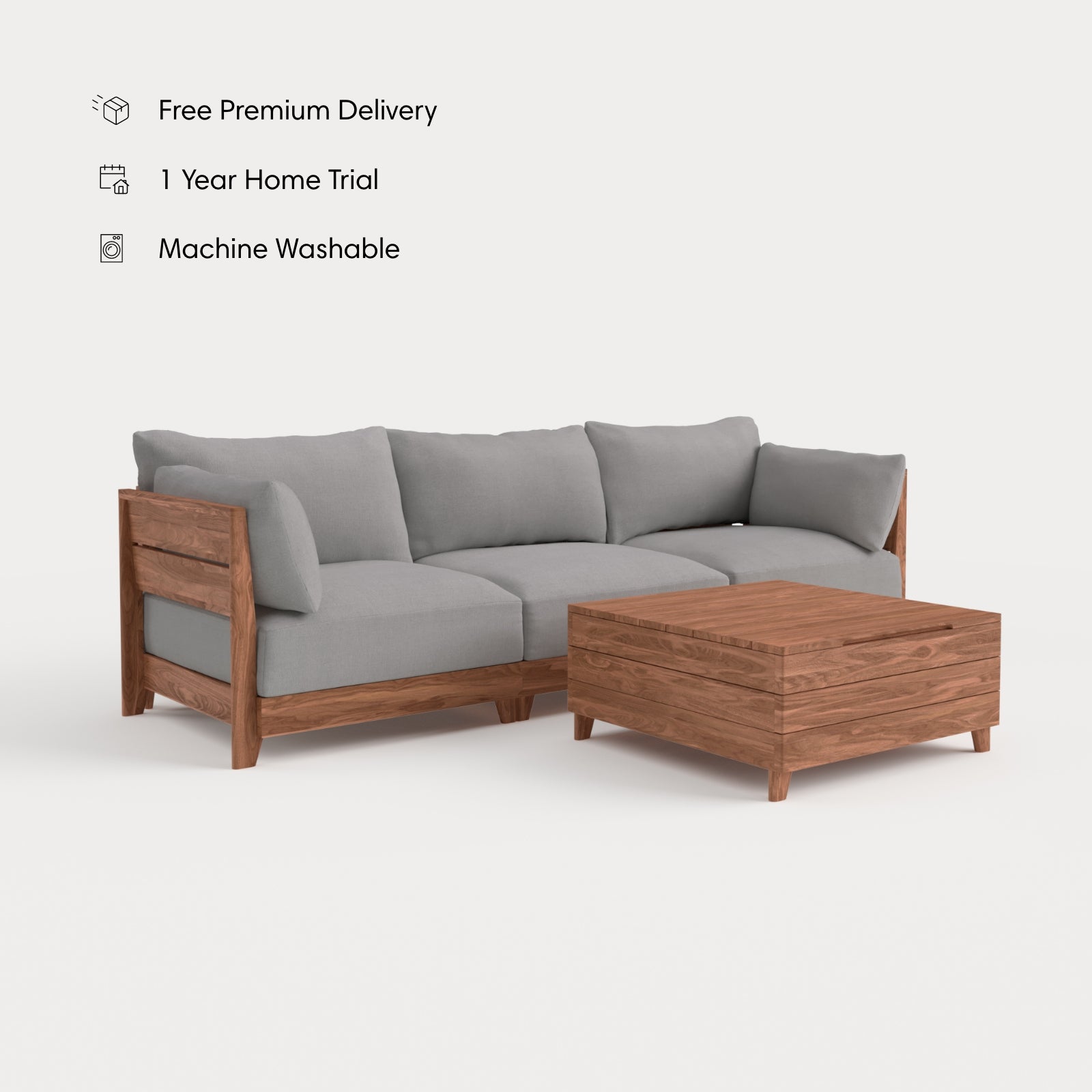 Dwell™ Modular Teak Outdoor Sofa + Storage Coffee Table | Classic Canvas in Stone Gray