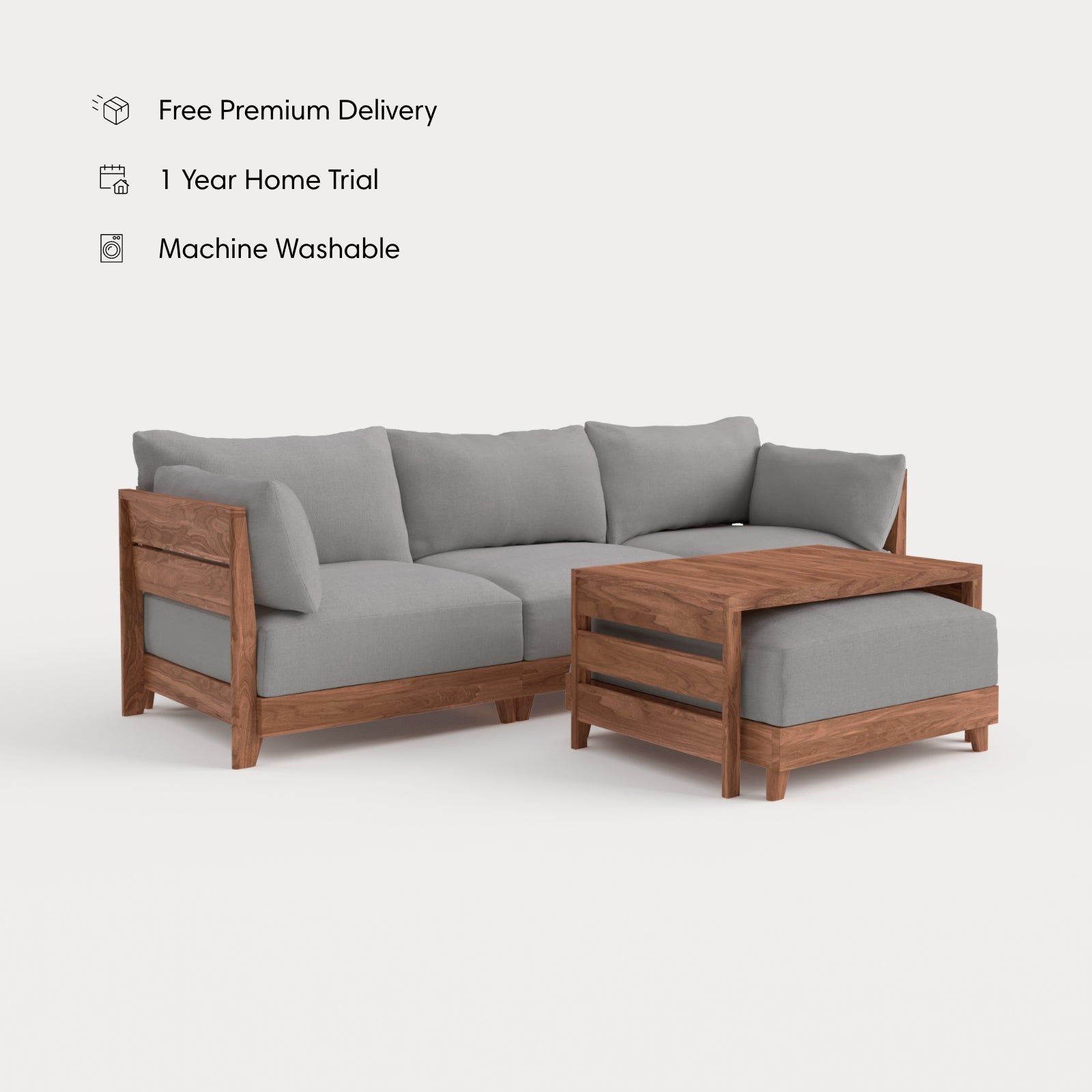 Dwell™ Modular Teak Outdoor Sofa with Ottoman + Side Table  | Classic Canvas in Stone Gray