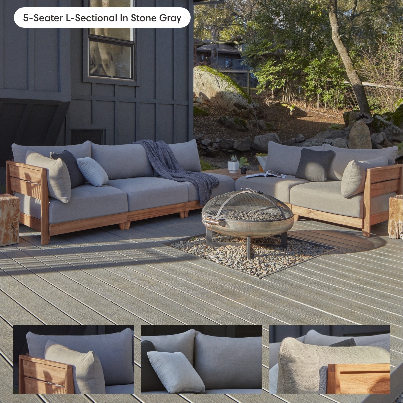 Dwell™ Modular Teak Outdoor Loveseat Sectional | Classic Canvas in Stone Gray